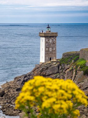 Deniz feneri Phare de Kermorvan 'ın kayalık arazide ve bulanık sarı çiçekli ön planda yer aldığı manzaralı bir kıyı manzarası.