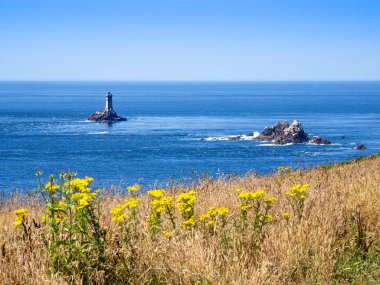 A scenic view of a lighthouse of Pointe du Raz, Brittany, on a rocky island in the Atlantic ocean, with yellow wildflowers in the foreground and a clear blue sky. clipart