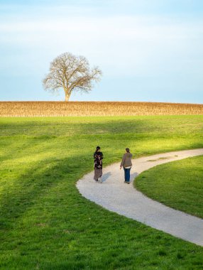 Two women on a walk in rural surroundings of Zurich, golden hour. clipart