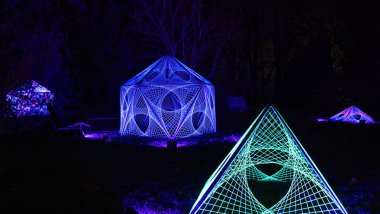 Mainau, Almanya - 27 Aralık 2023: Bir Noel bahçesi - Constance Gölü 'ndeki Mainau adasında güzel ışık kreasyonları ve aydınlatmalarla dolu bir Noel etkinliği