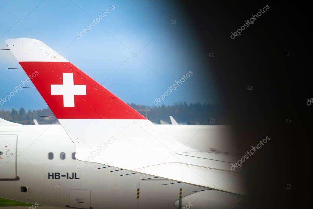 Zurich, Switzerland - November 13, 2024: Airplane with the sign of the airline Swiss company