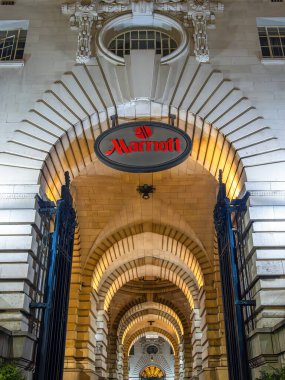 London, United Kingdom - April 28, 2025: The Marriott at Westminster Bridge, known as the London Marriott Hotel County Hall, historic building.