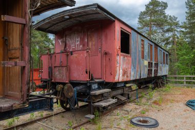 Sodertalje, İsveç - 6 Haziran 2025: Eski ve yıpranmış bir tren vagonu. Araba ağaçlar ve aşırı gelişmiş bitki örtüsüyle çevrili, kırsal bir ahşap yapısı var..