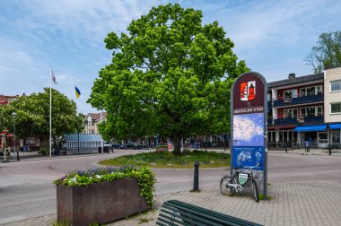 Vaxholm, İsveç - 4 Haziran 2025: Vaxholm Stad 'da geniş yeşil bir ağaç, bir bank ve bilgilendirme levhası içeren canlı bir halk meydanı.