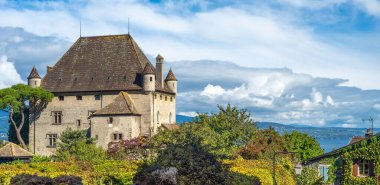 Bir sepet dekoratif sepet, tekne şeklinde, canlı çiçeklerle dolu, taştan bir duvarın üzerine yerleştirilmiş ortaçağ taşından bir bina..