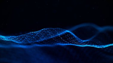 Geleceğin altıgen perspektif dalgası. Siyah arka planda mavi röfleli beyaz altıgenler. 3d oluşturma