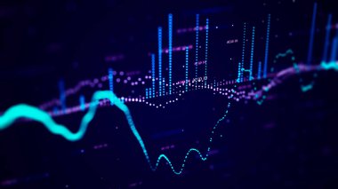 Karanlık bir arka planda ticaret çizelgesi. İkili seçenekler. Bitcoin fiyatları yükselir ve düşer, ticaret. 3d oluşturma