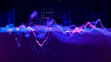 Karanlık bir arka planda ticaret çizelgesi. İkili seçenekler. Bitcoin fiyatları yükselir ve düşer, ticaret. 3d oluşturma