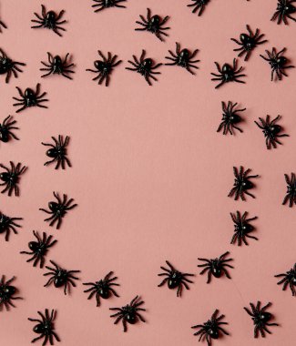 Pembe arka planda bir sürü küçük örümcek var.