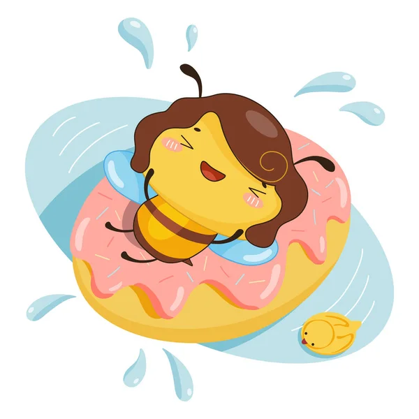 Kawaii Biene Schwimmt Auf Donut — Stockvektor