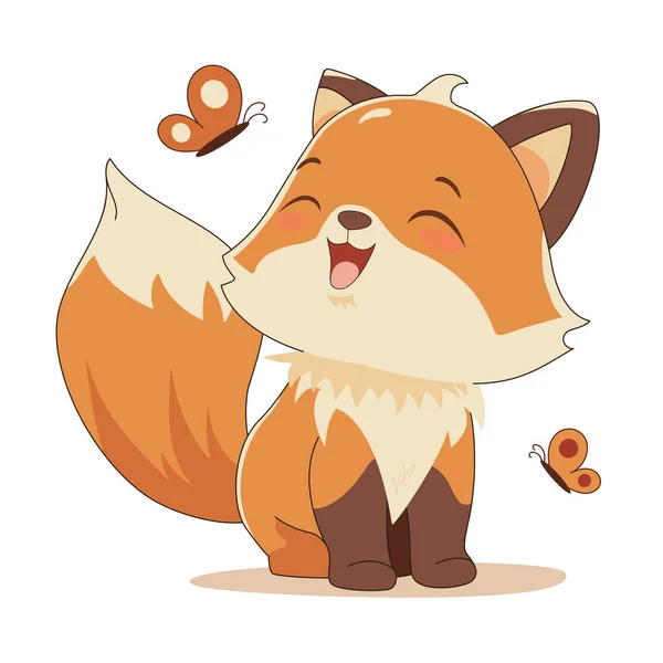 Niedliche Karikatur Kawaii Baby Fox Stehend Und Lächelnd Schmetterling Weißer — Stockvektor