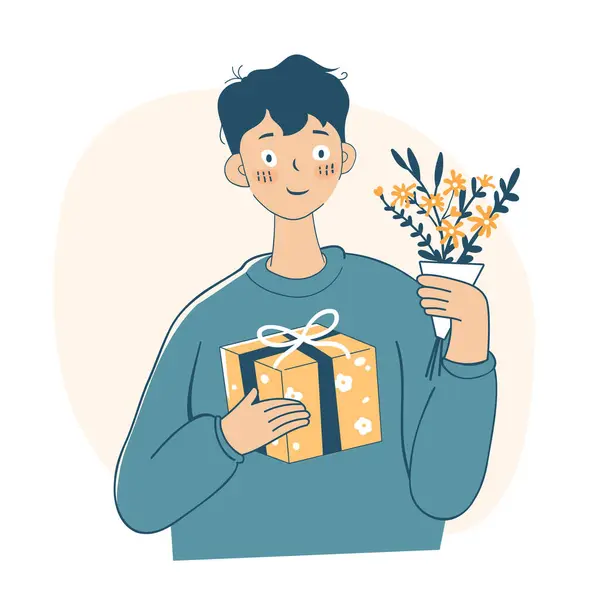 Άντρας Κρατώντας Δώρο Και Λουλούδι Μπουκέτο Ευχετήρια Κάρτα Εικονογράφηση Διάνυσμα — Διανυσματικό Αρχείο