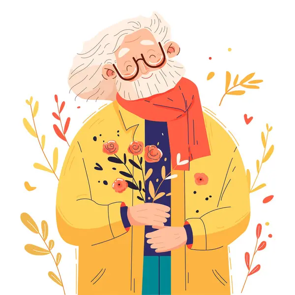 Vieil Homme Avec Bouquet Fleurs Illustration Vectorielle — Image vectorielle