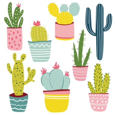 Ev dekoru ve kaktüs şık bir tencerede. Vektör illüstrasyonu