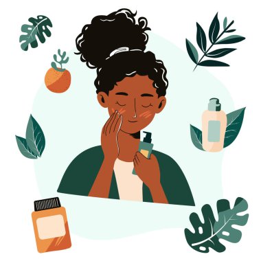 Genç bir kadın yüz bakımı için kozmetik ürünler kullanıyor. Vektör