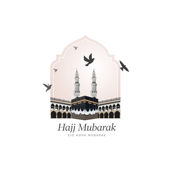 Eid Mubarak, Kaaba vector and minarets on Islamic shape design for hajj