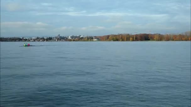 Roeiteam Het Water Landschap Van Het Meer Van Genève Boom — Stockvideo