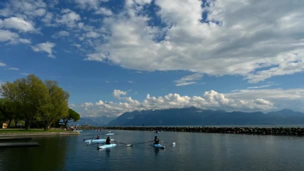 Rowing Team Water Landscape Lake Geneva Tree Sky Clouds Time — Stock Video