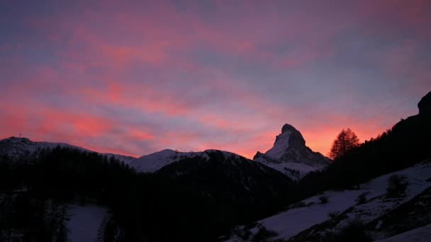 Sonnenuntergang Über Den Bergen Landschaft Der Schweizer Alpen Matterhorngletscher Winter — Stockvideo