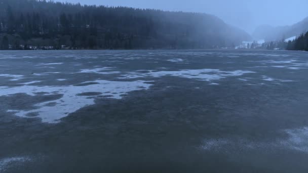 Nieve Cayendo Invierno Suelo Vuelve Blanco Paisaje Montaña Bosque Lago — Vídeos de Stock