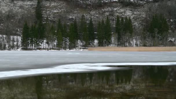 Tájkép Hegy Erdő Félig Fagyott Svájcban Reflection Water Vallee Joux — Stock videók