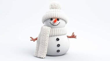 Beyaz bir arka planda beyaz örgü şapkalı ve eşarplı bir kardan adam..