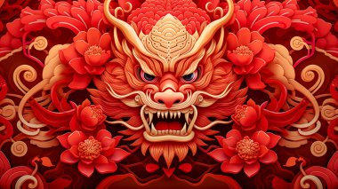 Close-up of red Chinese dragon. Illustration of Traditional zodiac Dragon and flowers. Happy Chinese new year backgrounds. clipart