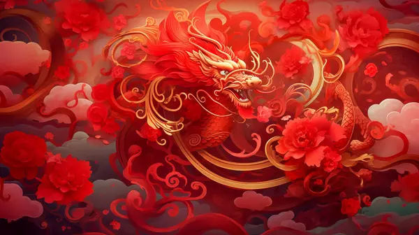 Red Chinese dragon. Illustration of Traditional zodiac Dragon and flowers. Happy Chinese new year backgrounds.