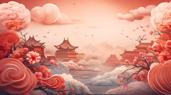 Ilustração Edifício Tradicional Flores Vermelhas Feliz Ano Novo Chinês Fundos Imagens De Bancos De Imagens