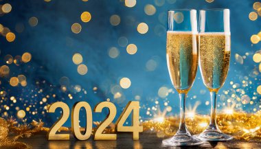 2024 mutlu yıllar, iki kadeh şampanyayla. Mavi ve altın parıltılı arka planda şampanya bardakları. Tatil kavramı.