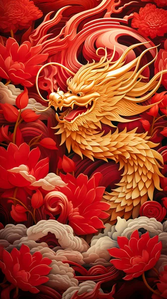 Gold Chinese dragon. Illustration of Traditional zodiac Dragon and red flowers. Happy Chinese new year.