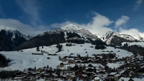Winterlandschap Van Chateau Oex Dorp Vaud Canton Zwitserland Berg Lucht — Stockvideo