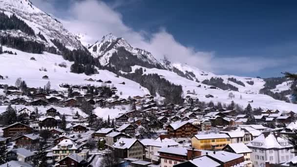 Winterlandschaft Des Dorfes Chateau Oex Kanton Waadt Schweiz Berg Himmel — Stockvideo