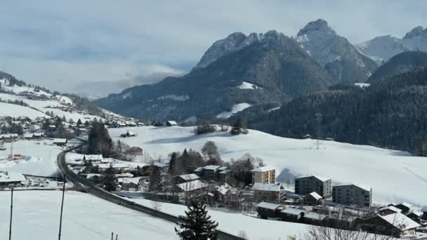 Pemandangan Musim Dingin Desa Chateau Oex Kanton Vaud Swiss Gunung — Stok Video