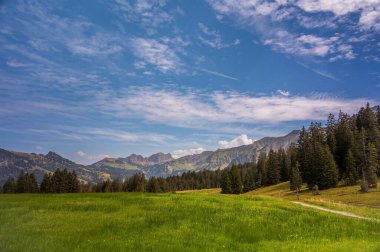 Yazın dağlar, gökyüzü ve orman manzarası. Sorenberg, Lucerne Canton, İsviçre.