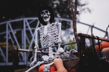 Beyaz insan iskeleti, balkabaklı ahşap bir arabada. Cadılar Bayramı dekorasyonu.