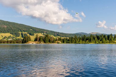 Yazın Rousses Gölü 'nde paragliding yapmak. Göl manzarası, orman ve dağ. Les Rousses, Jura, Fransa.