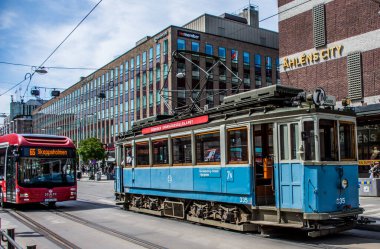 Old tram in central Stockholm, Sweden.