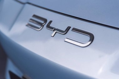 Nakhonpathom,Thailand - 1 Dec, 2023:  BYD Logo tag on BYD Seal test drive car show clipart