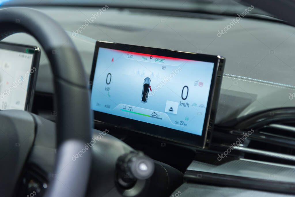 Bangkok,Thailand - 6 Dec, 2023: secondary monitor screen of BYD Seal car show in impact arena motor expo car show