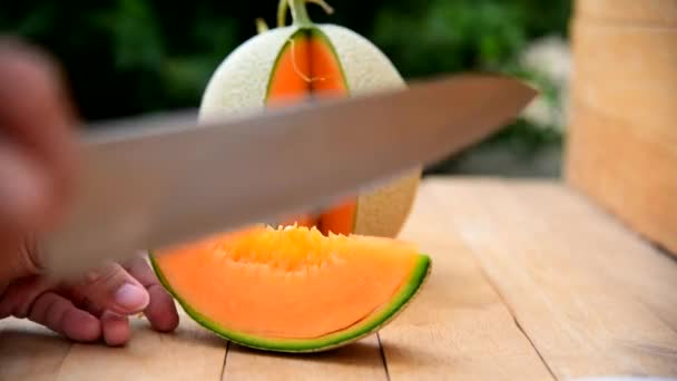Homme Utilise Couteau Pour Fendre Melon Orange Sur Une Plaque — Video