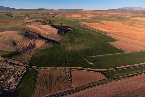 stock image Crop fields seen from the air. Some fields growing and others on land.