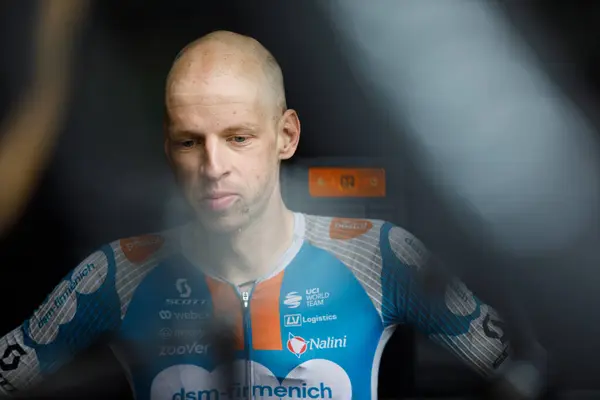 stock image Santander, Spain - September 4, 2024 portrait of MARTIJN TUSVELD, rider of the JTEAM DSM-FIRMENICH POSTNL team, at the finish line of LA VUELTA as it passes through Santander