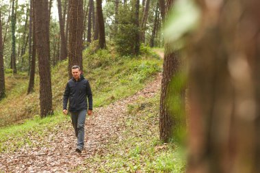 Çam ormanında sakince yürüyen 45 yaşında bir adam.