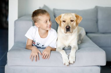 Smiling child lies on the sofa with a Labrador and looks at the dog