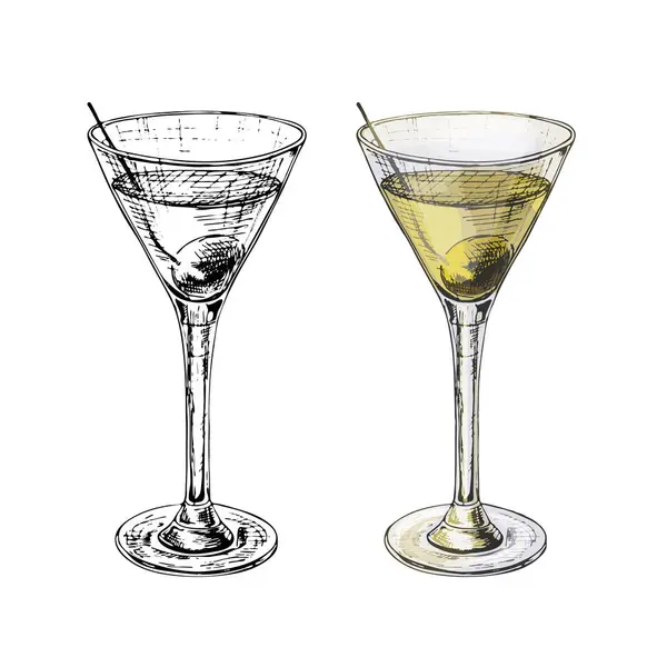 Zeytinli Martini Kokteyli Vintage Oymalı Vektör Renk Çizimi Beyaz Arkaplanda Stok Vektör