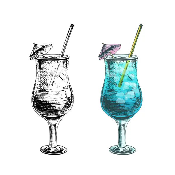 Kamış Şemsiye Buzlu Viski Bardağıyla Mavi Lagün Kokteyli Vintage Kuluçkadan Telifsiz Stok Vektörler