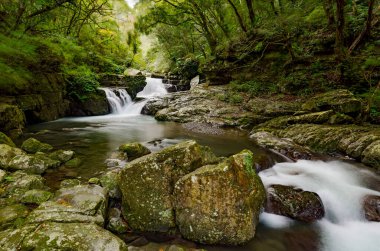 Nehir yavaşça ve huzurlu bir şekilde kayalıkların üzerinden akıyor.