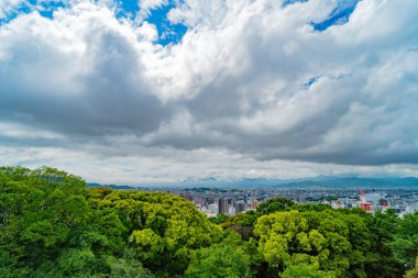 Doğanın kucaklamasından canlı şehir manzarası. Bereketli ağaçlar, kentsel yayılma ve bulutlu gökyüzü. Seyahat hedefi.