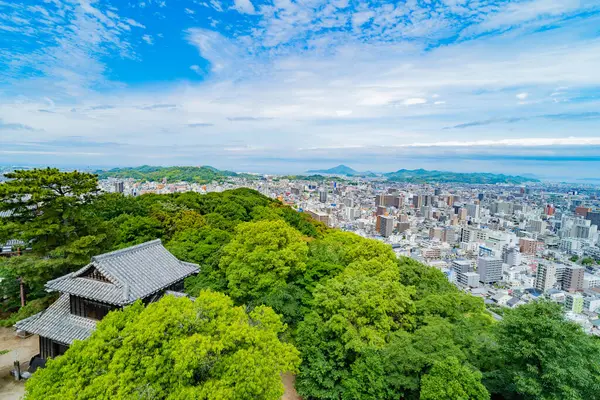 Etrafı yemyeşil ağaçlarla çevrili antik şato yapıları ve ötesinde hareketli bir şehir. Japonya gezisi.